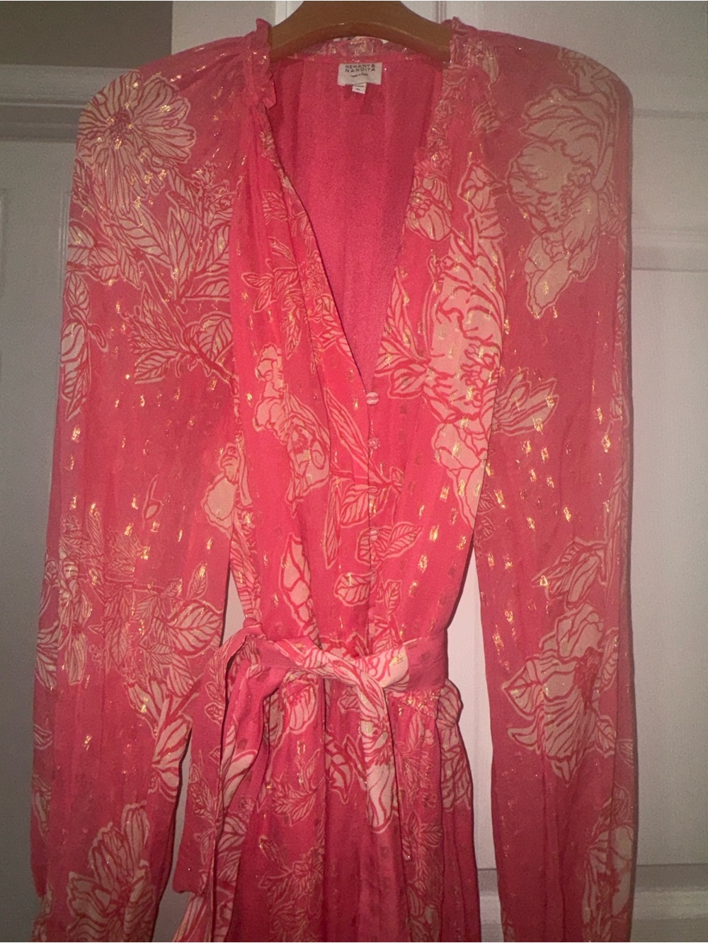 Hemant and Nandita Pink Floral Gold Lurex Long Sleeve Romper Boho Mini Dress L - Picture 9 of 10